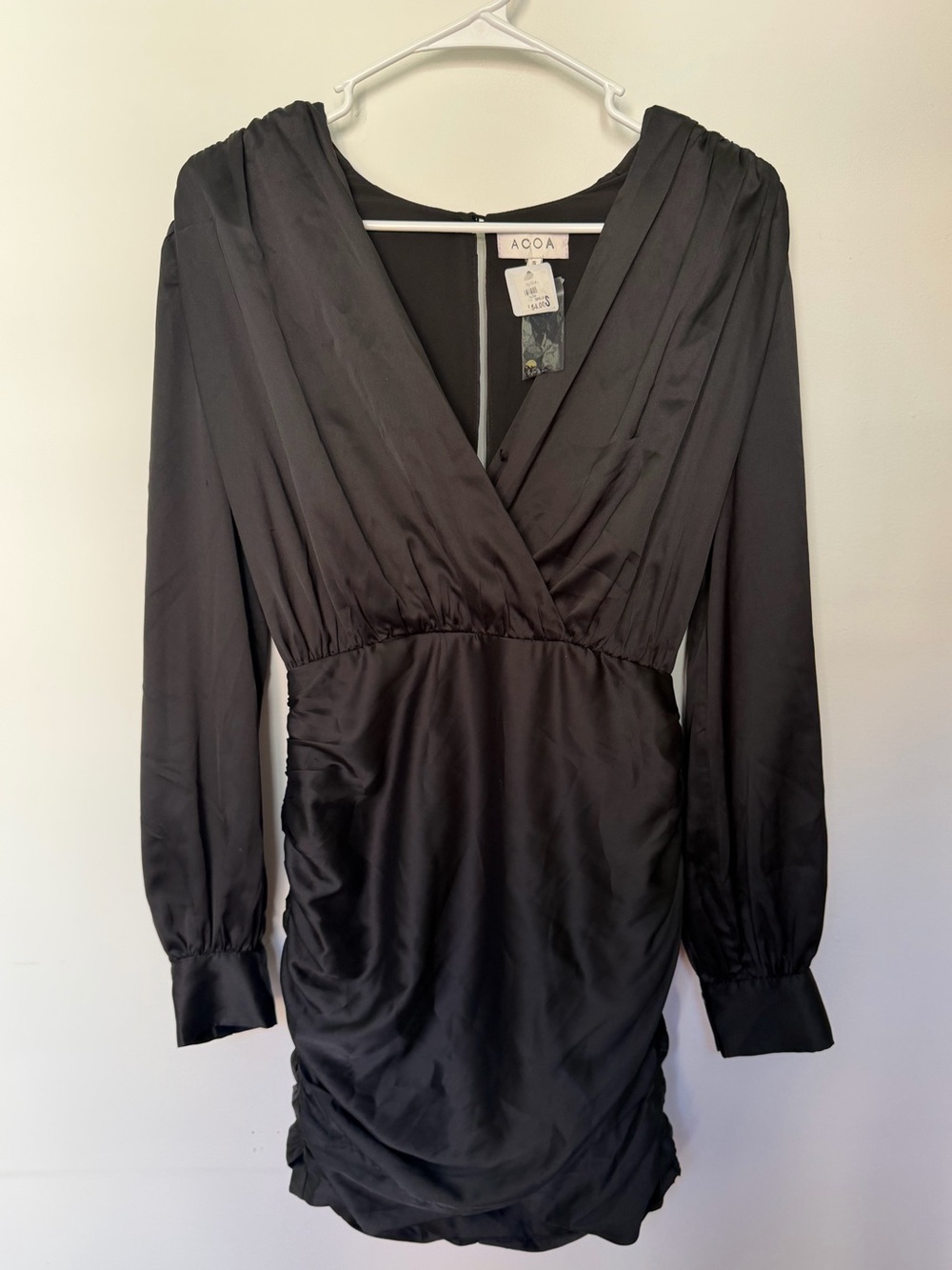 NWT Black Satin V-Neck Long Sleeve Dress